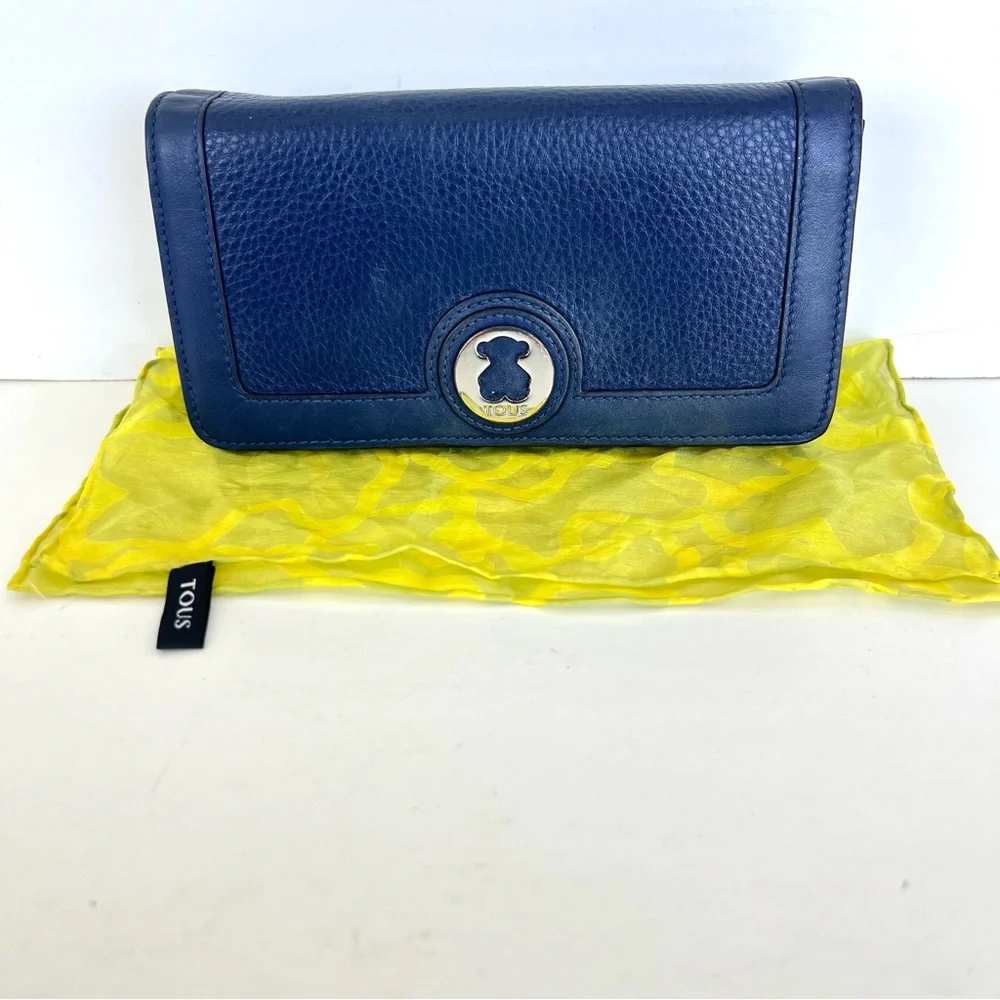 TOUS Navy Pebbled Genuine Leather Silver Bear Tous Logo Scarf and Flap Wallet